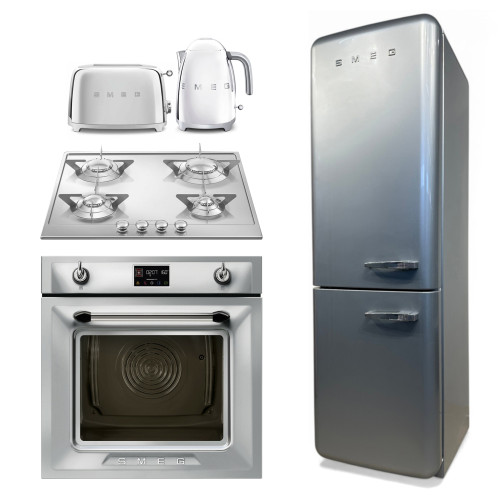 Комплект для кухни в хромовом цвете SMEG FAB 32 LXN1, SOP 6902 S2PX, P64ES, TSF01SSEU, KLF03SSEU