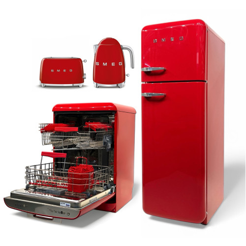 Комплект для кухни в красном цвете от SMEG холодильник FAB 30 RRD 5, чайник оригинальный, тостер, посудомоечная машина